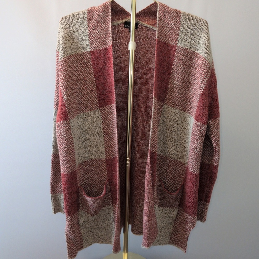 Zenobia Plaid Cardigan Women 2XL Orange Buffalo Check Open Front Pocket Sweater